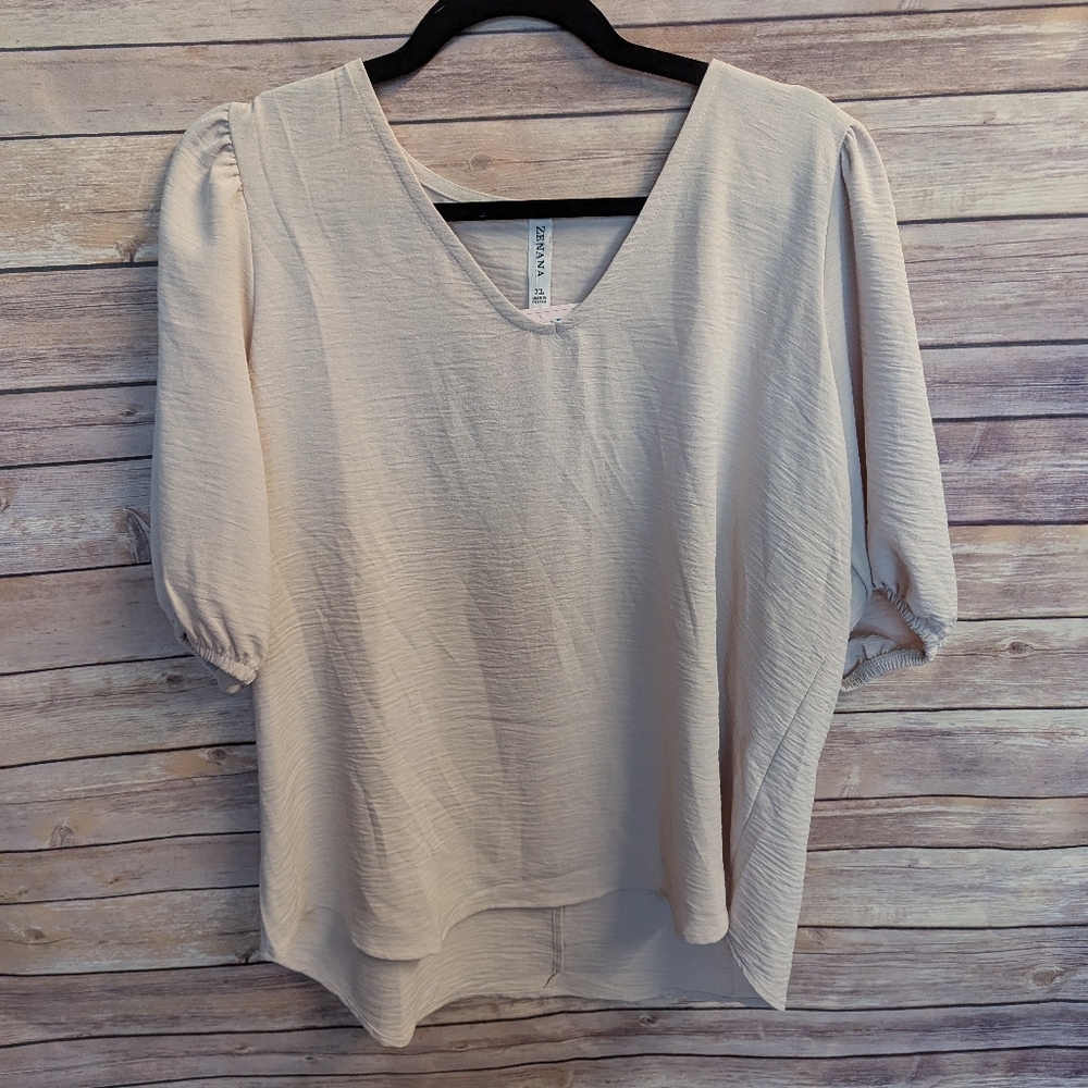 NWT, Zenana, Cream Puff Sleeve Women's Top Sz XL